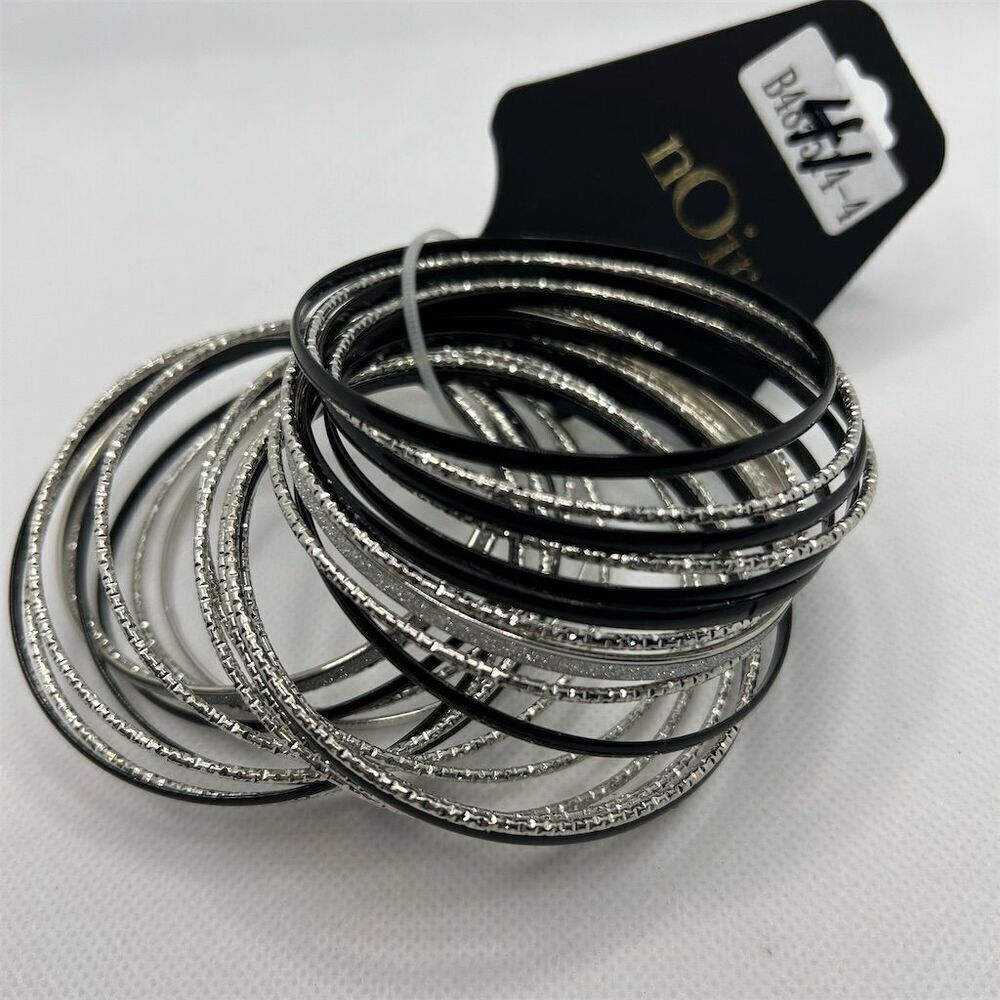 nOir Jewelry Women's Silver & Black Mixed Metal Bangle Bracelet Set